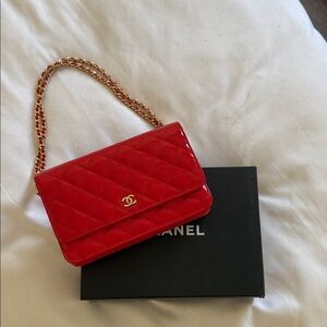 CHANEL Red Quilted patten Clutch with Gold Chain